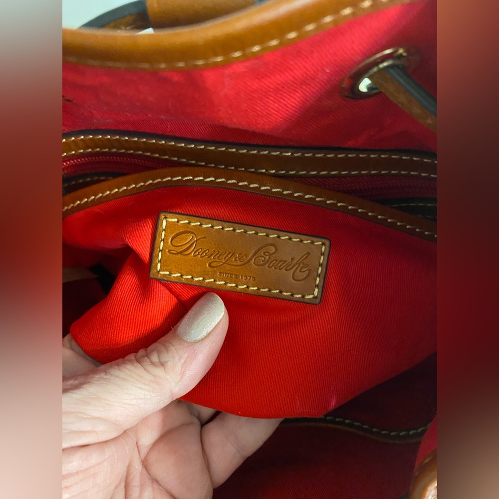 Dooney & Bourke Burgundy Pebbled Leather Drawstring Shoulder Bag with Tan Trim - Picture 14 of 16